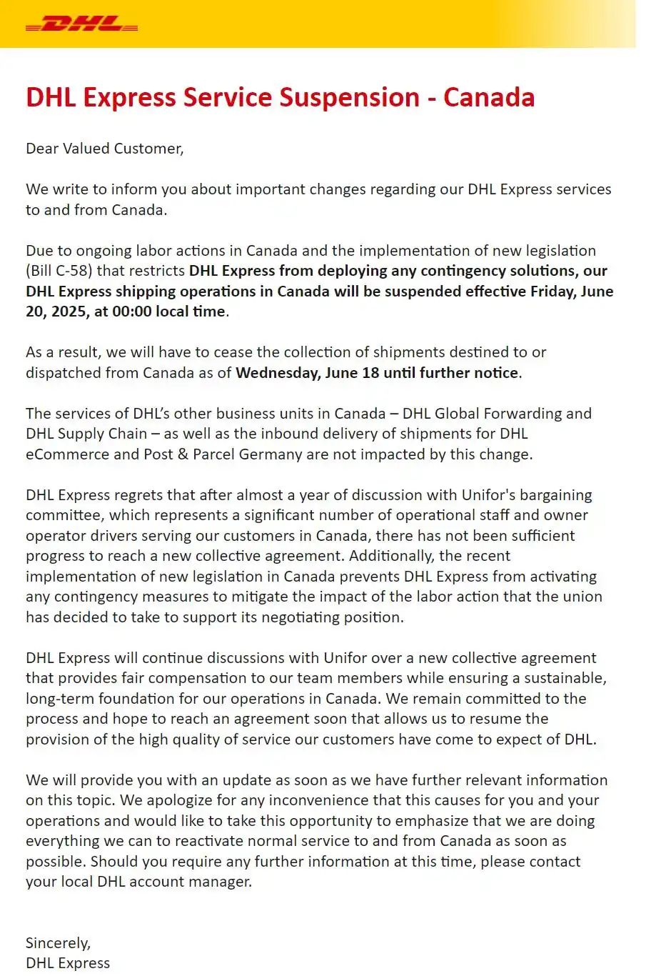 详细阅读:中东五国快递暂停,加拿大DHL罢工停运 中东五国快递暂停,加拿大DHL罢工停运